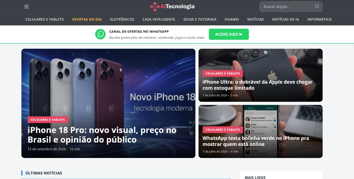 Página inicial de um portal de notícias de tecnologia, com menu por categorias, destaque principal com foto de smartphone, dois destaques secundários e faixa de canal de ofertas no WhatsApp